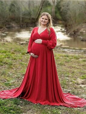 Maternity Burgundy Wrap Maxi Dress with Bishop Sleeves